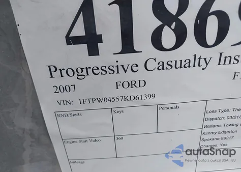 2007 Ford F-150 Fx4/Xlt из США, поврежденный, VIN 1FTPW04557KD61399